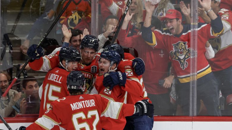 SUNRISE, FLORIDA - JUNE 10: Niko Mikkola #77 of the Florida Panthers celebrates with teammates after scoring a goal against the Edmonton Oilers during the second period in Game Two of the 2024 Stanley Cup Final at Amerant Bank Arena on June 10, 2024 in Sunrise, Florida. (Photo by Elsa/Getty Images)