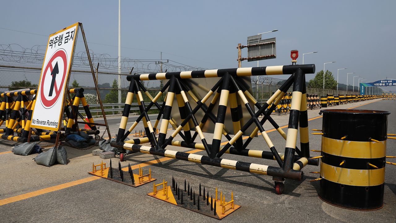 Barricades are placed near the Unification Bridge,which leads to the Panmunjom in the Demilitarized Zone (DMZ) on June 11, 2024 in Paju, South Korea.