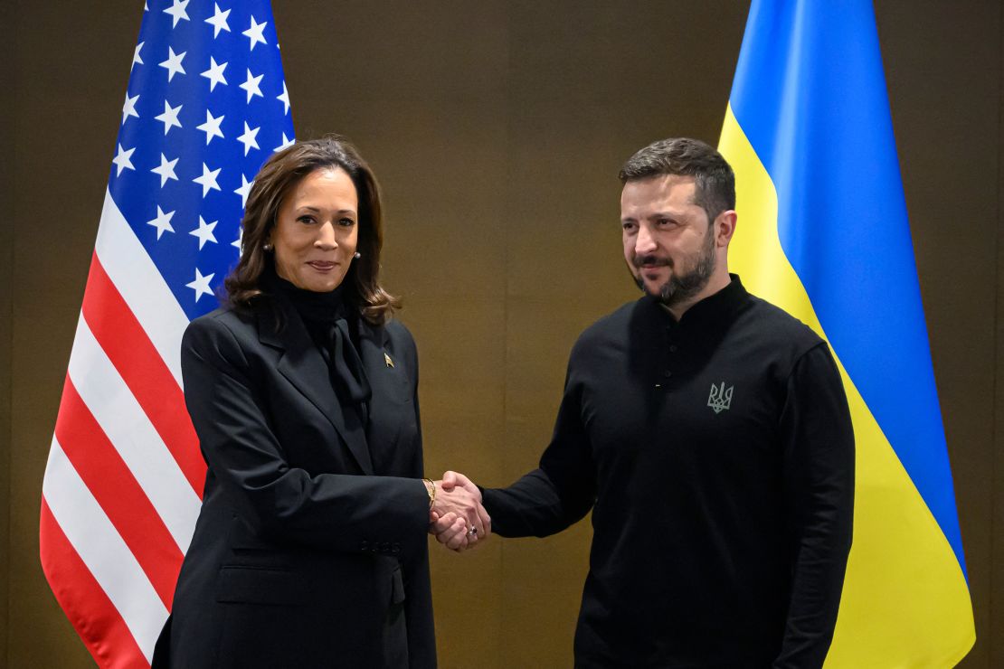 US Vice President Kamala Harris (left) shakes hands with Ukraine's President Volodymyr Zelensky during a meeting on the sideline of the peace summit taking place in Switzerland on Saturday and Sunday.