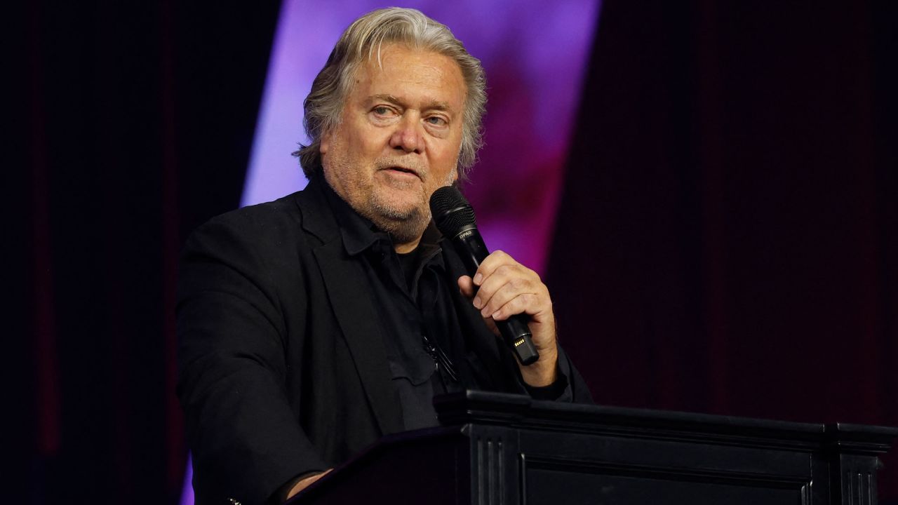 Former White House Chief Strategist
Steve Bannon speaks on stage during "Turning Points: The People's Convention" on June 15, 2024 at Huntington Place Convention Center in Detroit, Michigan. (Photo by JEFF KOWALSKY / AFP) (Photo by JEFF KOWALSKY/AFP via Getty Images)