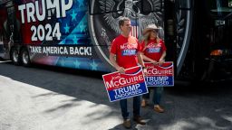 UNITED STATES - JUNE 15: GOP candidate for Virginia's 5th Congressional district John McGuire and his wife Tracy disembark his campaign bus at the Annual Father's Day Carshow at the Pleasants Landing at Lake Anna in Bumpass, Va., on Saturday, June 15, 2024. McGuire is challenging House Freedom Caucus chairman Bob Good, R-Va., in Tuesday's primary. (Bill Clark/CQ-Roll Call, Inc via Getty Images)