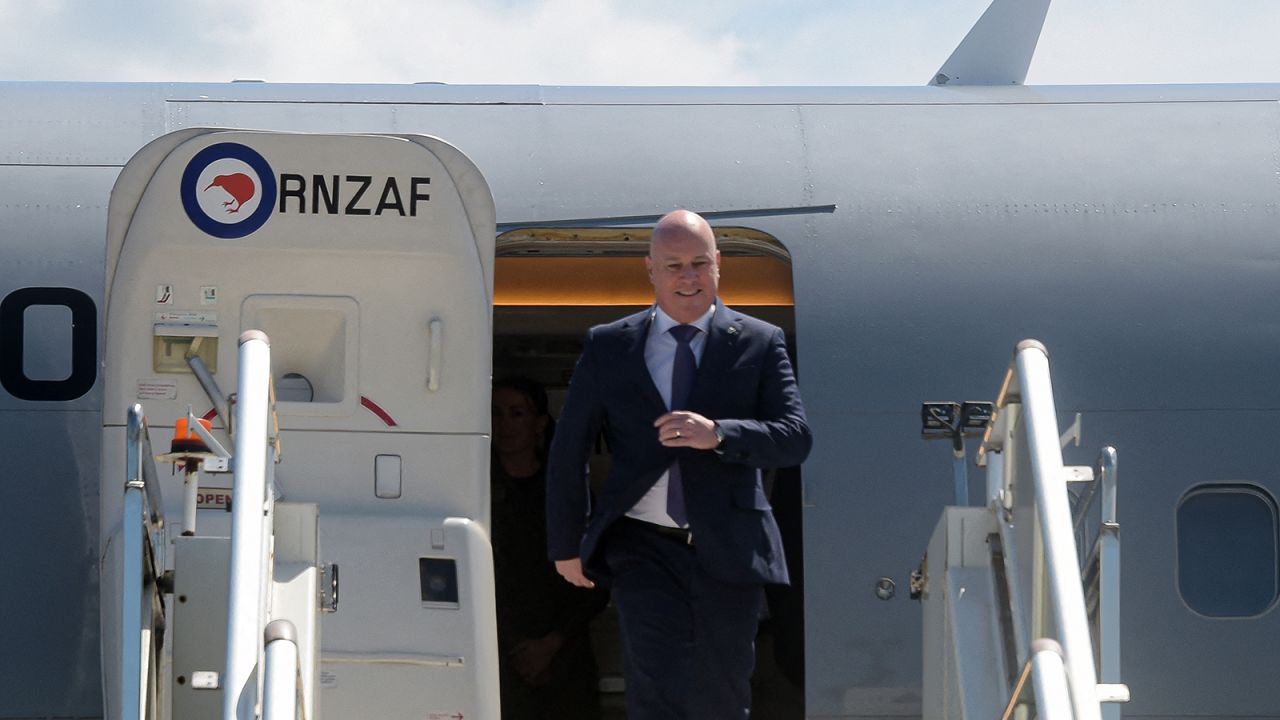 New Zealand's Prime Minister Christopher Luxon alights from a Royal New Zealand Air Force aircraft in Port Moresby on June 16, 2024.