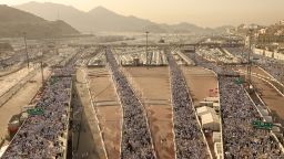 Muslim pilgrims arrive to perform the symbolic 'stoning of the devil' ritual as part of the hajj pilgrimage in Mina, near Saudi Arabia's holy city of Mecca, on June 16, 2024. Pilgrims perform the last major ritual of the hajj, the 