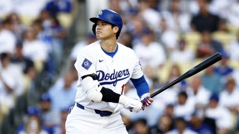 LOS ANGELES, CALIFORNIA - JUNE 11: Shohei Ohtani #17 of the Los Angeles Dodgers at bat against the Texas Rangers in the first inning at Dodger Stadium on June 11, 2024 in Los Angeles, California. (Photo by Ronald Martinez/Getty Images)