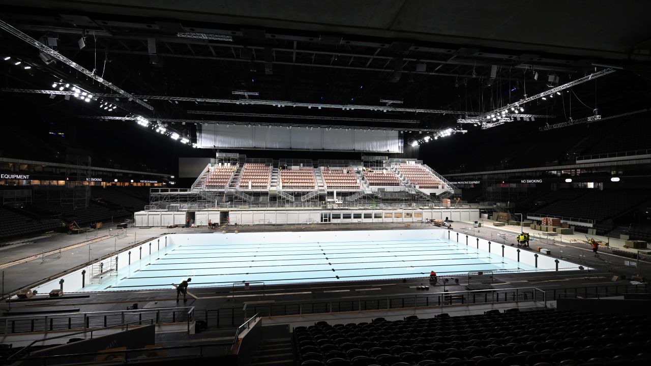 NANTERRE, FRANCE - JUNE 12: A general inside view as the Paris Olympics 2024 pool is being built at Paris La Defense Arena on June 12, 2024 in Nanterre, France. (Photo by Aurelien Meunier/Getty Images)