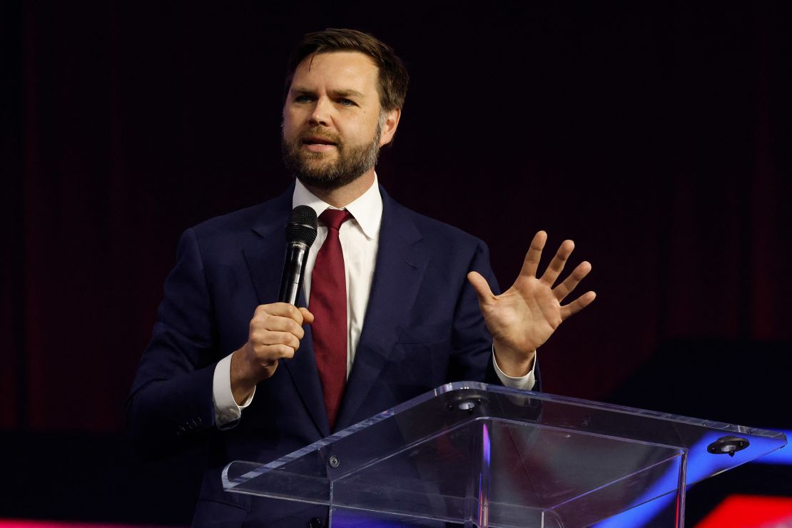 Sen. J.D. Vance addresses the Turning Point People's Convention at Huntington Place in Detroit, Michigan, on June 16, 2024.