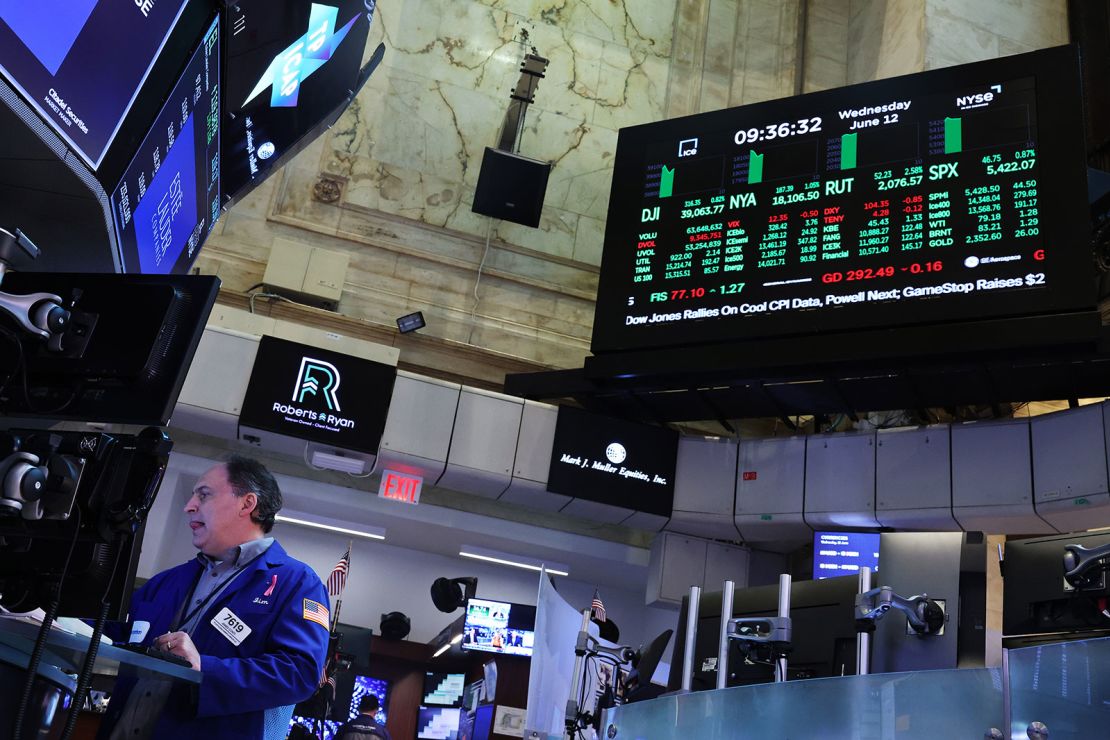 Traders work on the floor of the New York Stock Exchange during morning trading on June 12, 2024 in New York City.