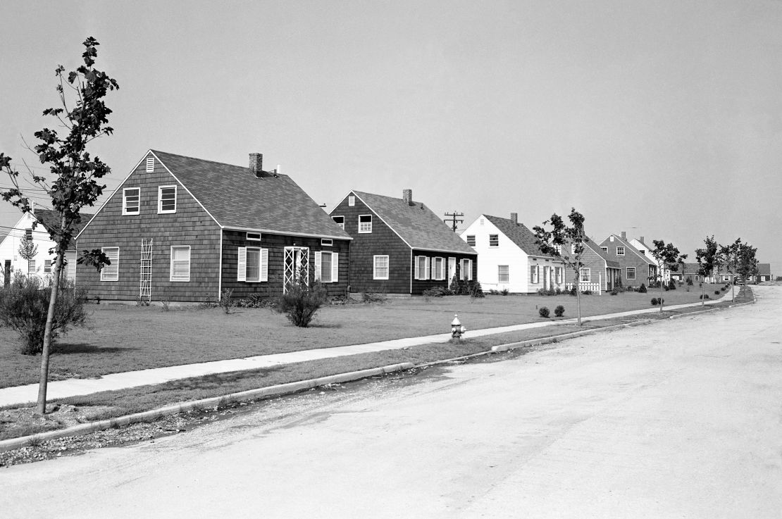 A view of houses built in the city of 'Levittown,' New York, circa 1947. Real estate development company Levitt & Sons built several large suburban housing developments that came to be known as 'Levittowns' in the United States and Puerto Rico.