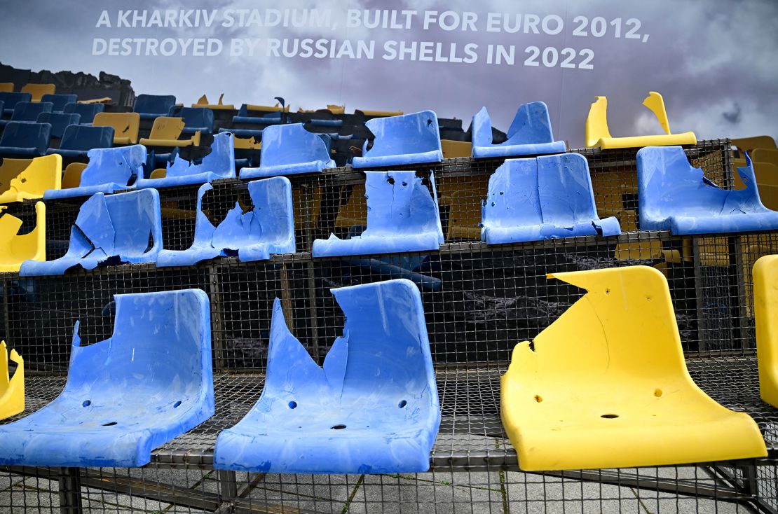 Damaged seats from a stadium in Kharkiv, Ukraine, are seen at an installed facility on June 17, 2024 in Munich, Germany.