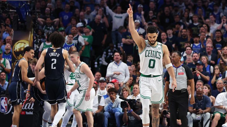 Jayson Tatum of the Boston Celtics in the fourth quarter against the Dallas Mavericks in Game Three of the 2024 NBA Finals at American Airlines Center in Dallas, Texas on June 12, 2024.