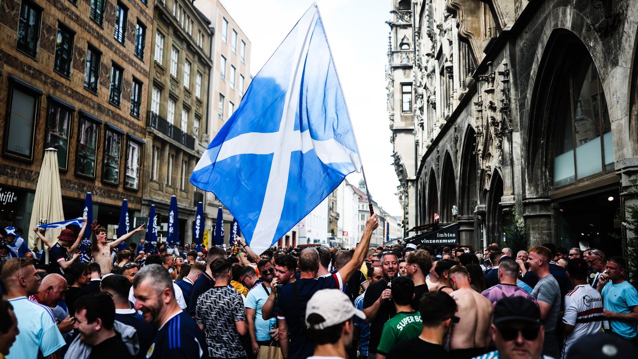 MUNICH, GERMANY - JUNE 13: Scotland fans gather on Marienplatz on June 13, 2024 in Munich, Germany. (Photo by Lars Baron/Getty Images)