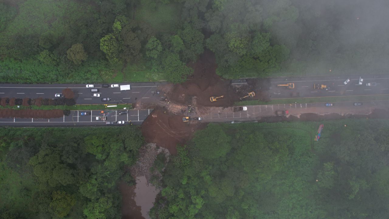 Aerial view of the collapse of a drainage underneath the Palin-Escuintla road due to the heavy rains in Palin, near Guatemala City on June 16, 2024. Six people died and thousands have been affected in El Salvador and Guatemala due to heavy rains that hit Central America since June 15, according to authorities from both countries. (Photo by Jesus MIRANDA / AFP) (Photo by JESUS MIRANDA/AFP via Getty Images)