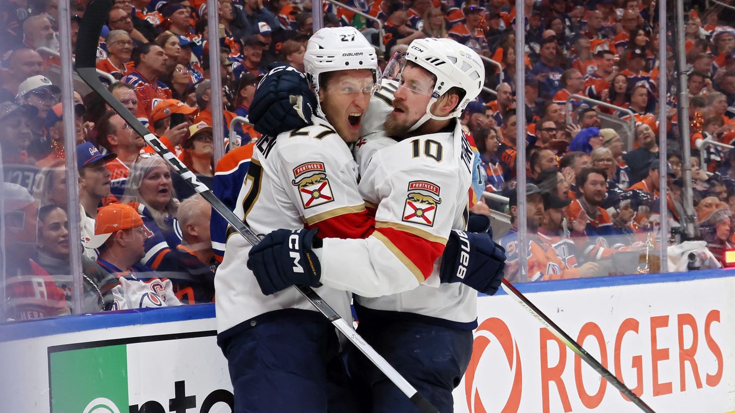 Eetu Luostarinen, left, and Vladimir Tarasenko of the Florida Panthers celebrate after Tarasenko's goal against the Edmonton Oilers during Game 3 of the 2024 Stanley Cup Final at Rogers Place in Edmonton on Thursday.