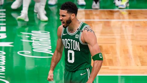 Jayson Tatum #0 of the Boston Celtics celebrates during the game against the Dallas Mavericks during Game 5 of the 2024 NBA Finals on June 17, 2024 at the TD Garden in Boston, Massachusetts.