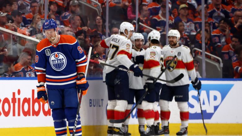 EDMONTON, ALBERTA - JUNE 13: Corey Perry #90 of the Edmonton Oilers reacts as Aleksander Barkov #16 of the Florida Panthers celebrates his goal with teammates during the second period of Game Three of the 2024 Stanley Cup Final at Rogers Place on June 13, 2024 in Edmonton, Alberta. (Photo by Dave Sandford/NHLI via Getty Images)