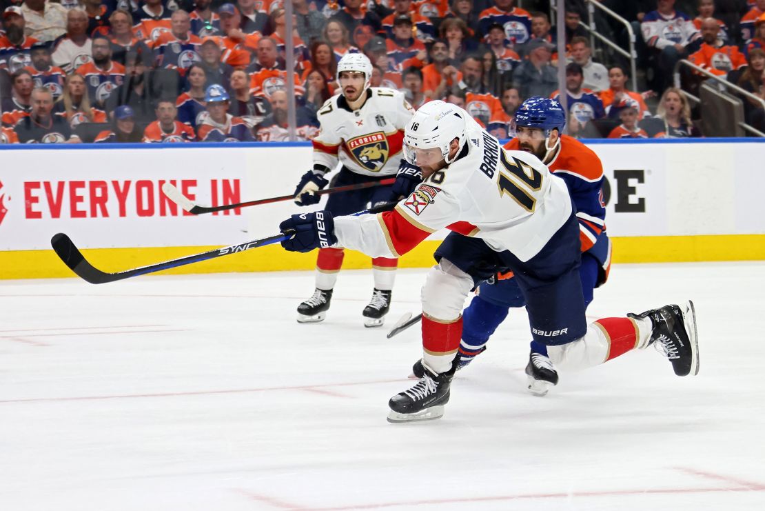 Florida captain Aleksander Barkov scores against the Oilers during Game 3 of the 2024 Stanley Cup Final.