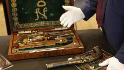 This photograph shows a box containing two pistols, which belonged to Emperor Napoleon I, during the preview before their auction, in Paris on June 18, 2024. The sale «L'Empire à Fontainebleau», organised by both Rossini and Osenat auction houses, will take place on July 7, 2024 in Fontainebleau. (Photo by Geoffroy VAN DER HASSELT / AFP) (Photo by GEOFFROY VAN DER HASSELT/AFP via Getty Images)