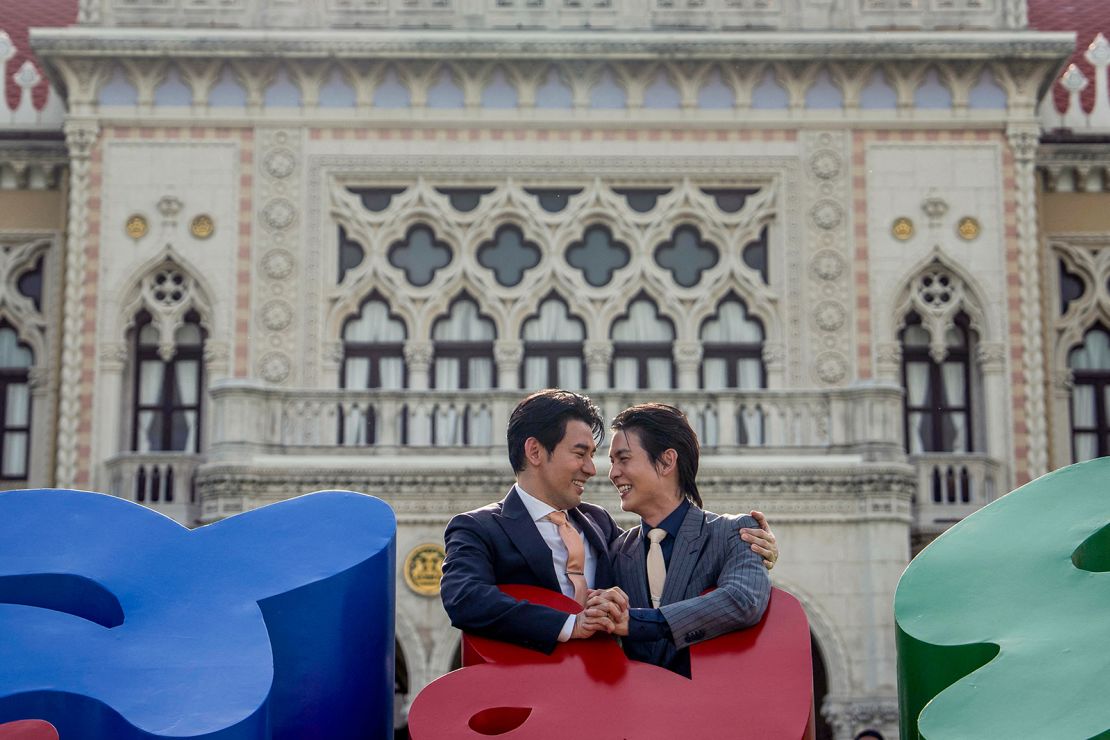 Members of the LGBTQ+ community celebrate after the Thai parliament passed the final senatorial vote on the same-sex marriage bill, in Bangkok on June 18, 2024.