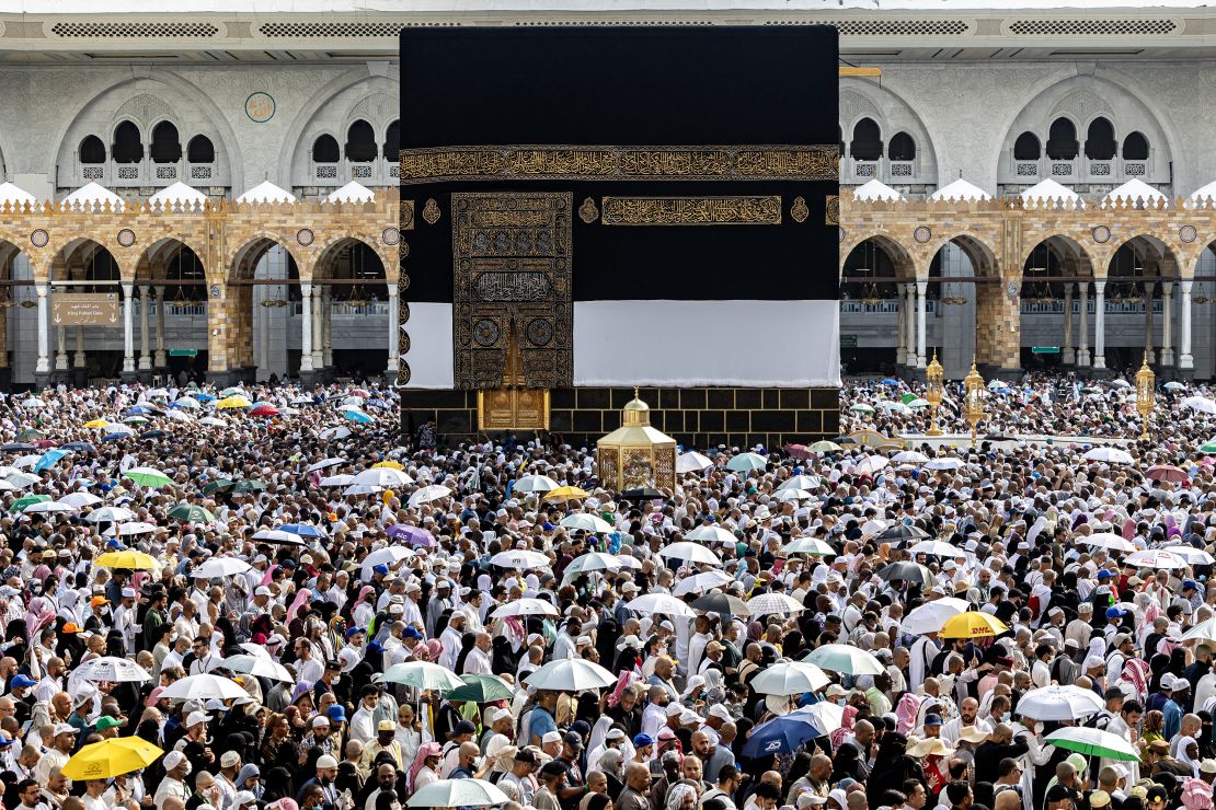 Muslim pilgrims perform the farewell circumambulation or "tawaf", circling seven times around the Kaaba, Islam's holiest shrine, at the Grand Mosque in the holy city of Mecca.