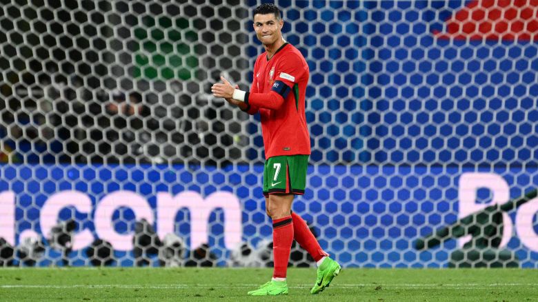 Portugal's forward #07 Cristiano Ronaldo reacts during the UEFA Euro 2024 Group F football match between Portugal and the Czech Republic at the Leipzig Stadium in Leipzig on June 18, 2024. (Photo by Christophe SIMON / AFP)