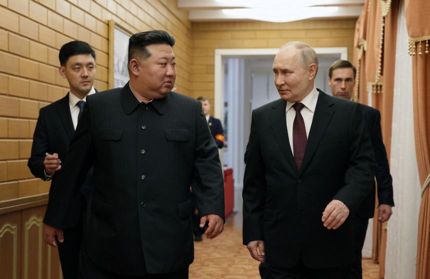 North Korean leader Kim Jong Un and Russian President Vladimir Putin during a visit to Pyongyang, North Korea, on June 19, 2024.