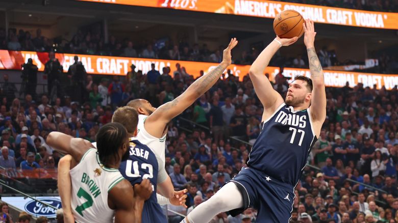 Luka Doncic of the Dallas Mavericks shoots the ball against the Boston Celtics during Game Four of the 2024 NBA Finals at American Airlines Center in Dallas, Texas, on June 14, 2024.