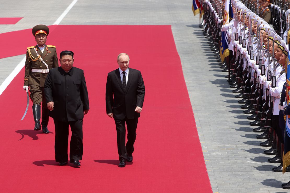 Russian President Vladimir Putin (R) and North Korean Supreme Leader Kim Jong Un attend a welcoming ceremony on June 19, 2024 in Pyongyang, North Korea.