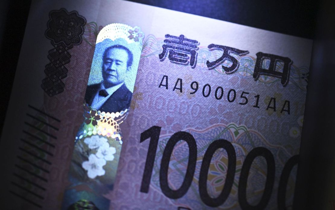A holographic image of Japanese industrialist Eiichi Shibusawa on a new 10,000-yen banknote, seen at the National Printing Bureau plant in Tokyo, Japan, on June 19, 2024.