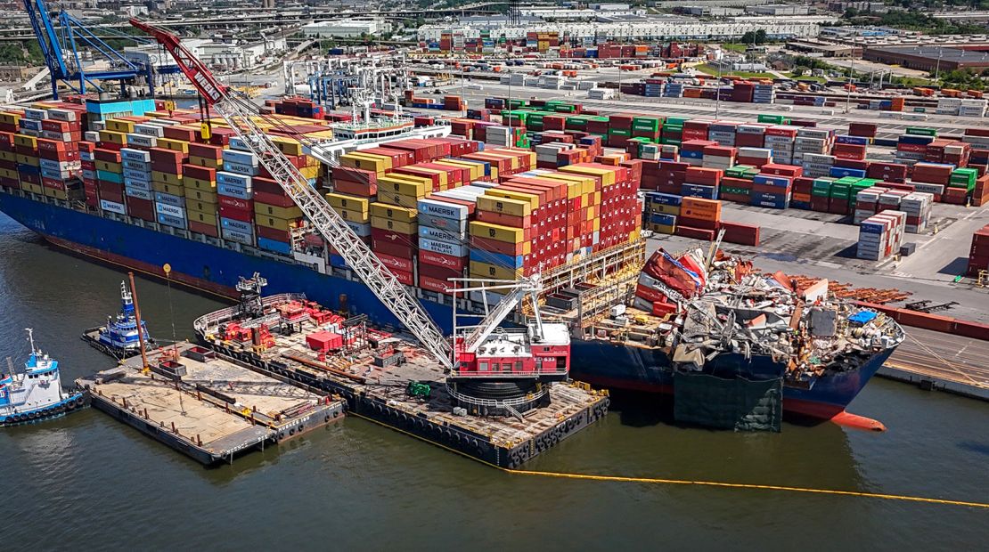 Salvage crews remove pieces of the Francis Scott Key Bridge on the Dali cargo ship on June 18.