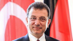 Ekrem Imamoglu, Lord Mayor of Istanbul, stands in front of a Turkish flag in Dusseldorf, Germany, on June 20, 2024.