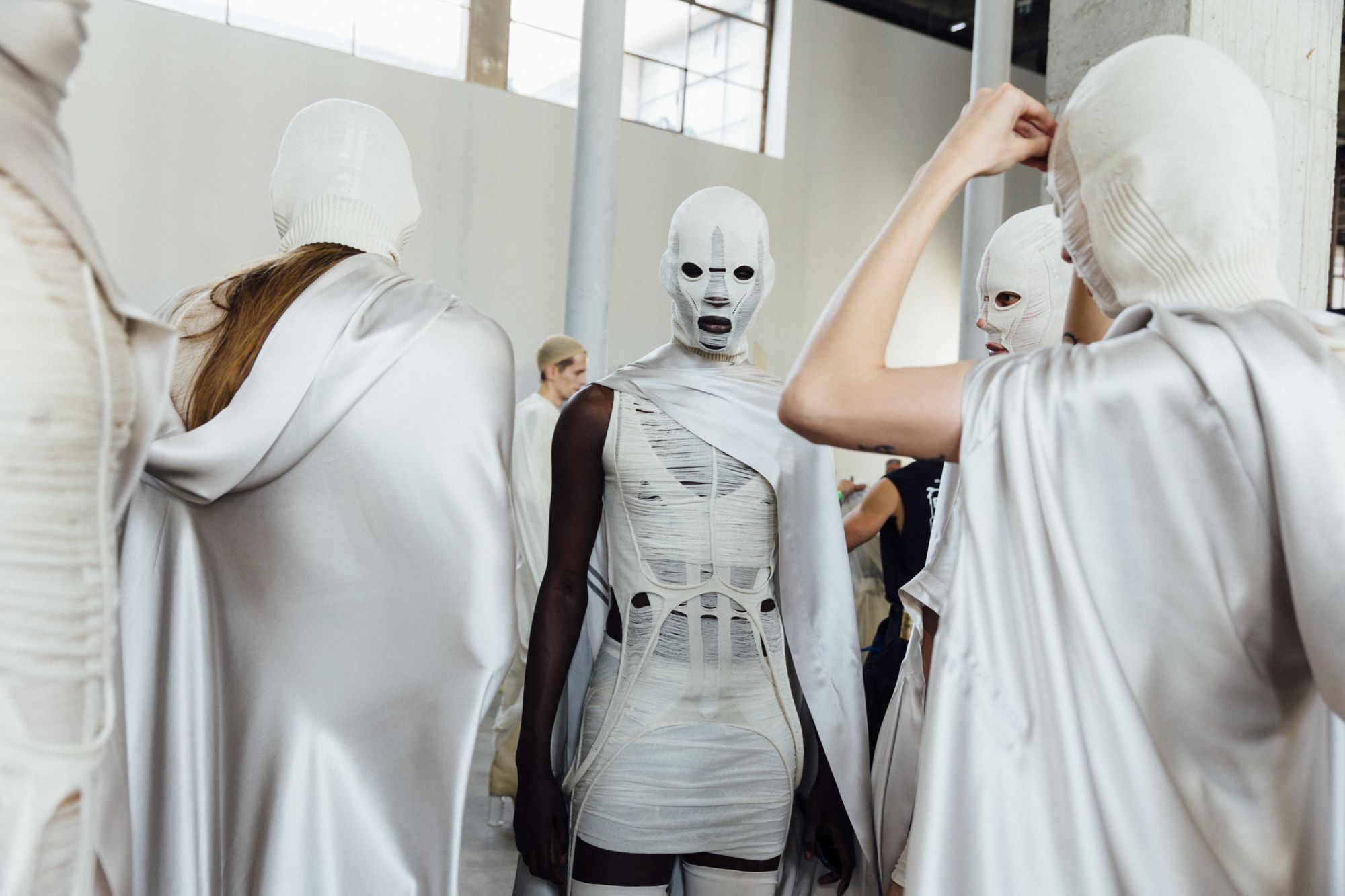 Backstage at the Rick Owens show at Palais de Tokyo.