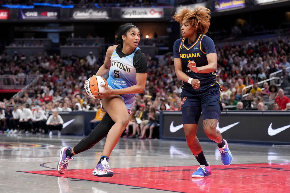 Angel Reese of the Chicago Sky drives to the basket against the Indiana Fever.