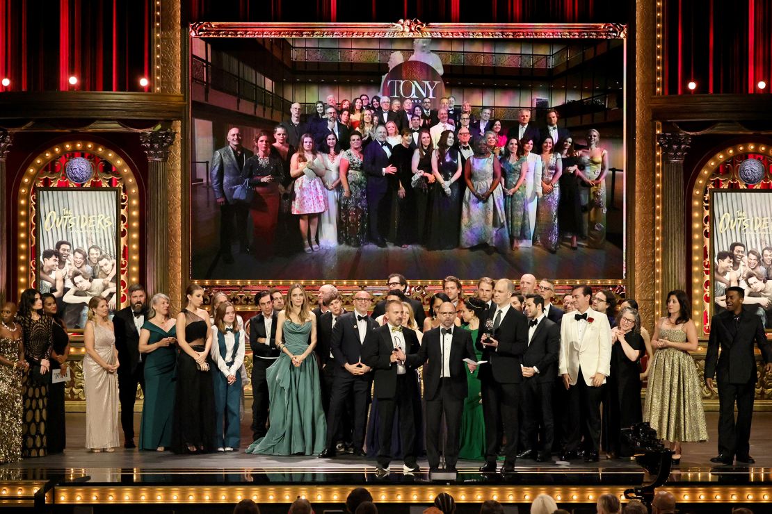 Vivienne Jolie, Angelina Jolie, Sky Lakota-Lynch, Adam Rapp, Matthew Rego, Danya Taymor, Hank Unger, and cast and crew accept the best musical award for 