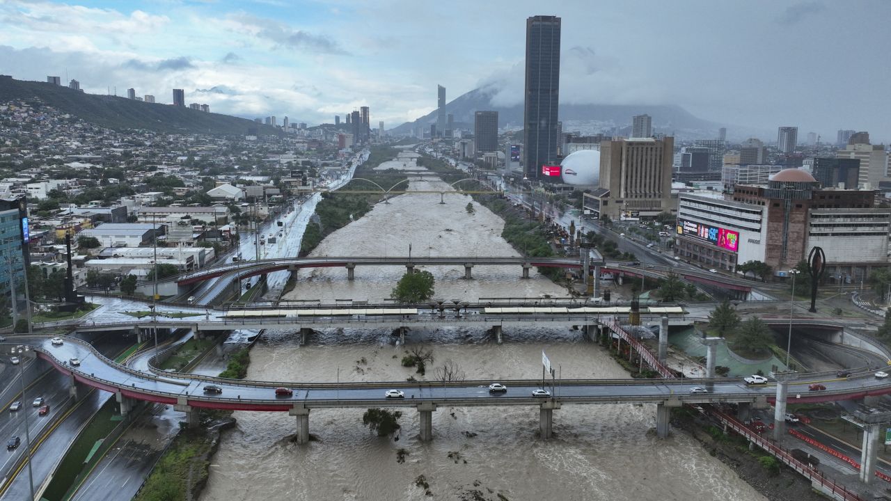 Aerial view of the Santa Catarina River flooding after the passage of tropical storm Alberto in Monterrey, Mexico, on June 21, 2024. Four people were killed in northern Mexico by the effects of tropical storm Alberto, the first of the year that made landfall on Thursday and was later downgraded to a depression, authorities reported. (Photo by David GALAVIZ / AFP) (Photo by DAVID GALAVIZ/AFP via Getty Images)