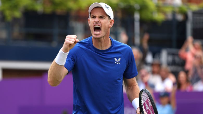 LONDON, ENGLAND - JUNE 18: Andy Murray of Great Britain celebrates against Alexei Popyrin of Australia during the Men's Singles Round of 32 match on Day Two of the cinch Championships at The Queen's Club on June 18, 2024 in London, England. (Photo by Luke Walker/Getty Images for LTA)