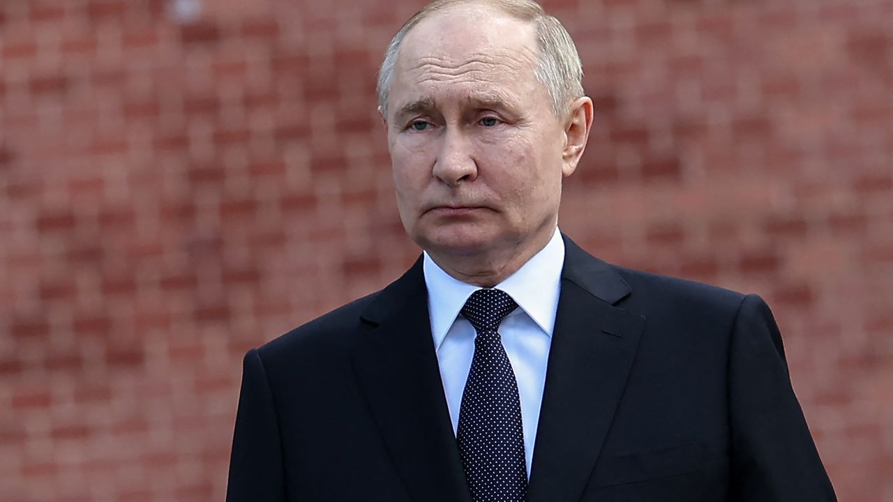 In this pool photograph distributed by Russian state owned Sputnik agency Russia's President Vladimir Putin takes part in a wreath-laying ceremony at the Tomb of the Unknown Soldier in the Alexandrovsky Garden near the Kremlin wall in Moscow on June 22, 2024. (Photo by Alexander KAZAKOV / POOL / AFP) (Photo by ALEXANDER KAZAKOV/POOL/AFP via Getty Images)