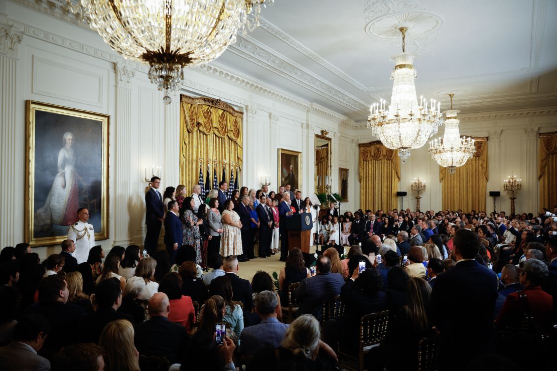 Biden announced the new immigration policy at an event celebrating the 12th anniversary of the Obama-era Deferred Action for Childhood Arrivals program, better known as DACA. A crowd of supporters packed the East Room of the White House for the occasion.