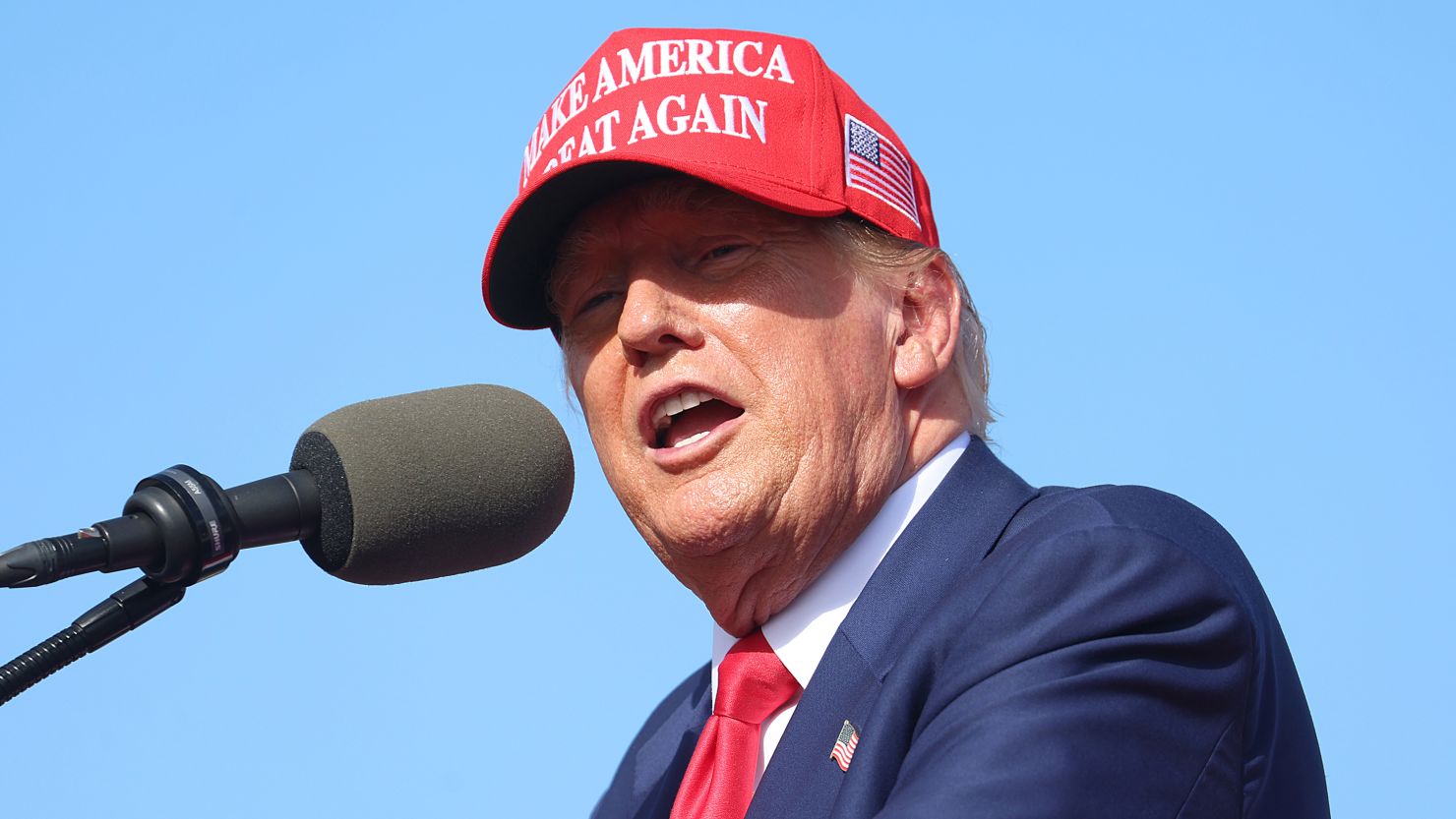 Former President Donald Trump speaks during a rally at Festival Park on June 18, 2024, in Racine, Wisconsin.