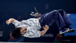 BUDAPEST, HUNGARY - JUNE 22: Quake of Korea competes in the Breaking B-Boys pre-qualifier the Olympic Qualifier Series on June 22, 2024 in Budapest, Hungary. (Photo by David Balogh/Getty Images)