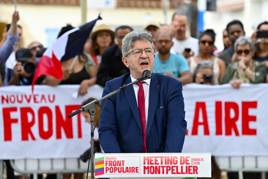 France Unbowed leader Jean-Luc Mélenchon speaks to a rally in Montpellier, June 23, 2024.