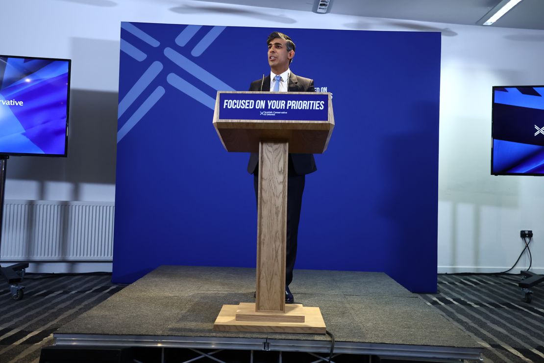 British Prime Minister Rishi Sunak during Scotland's election campaign manifesto launch on June 24, 2024 in Edinburgh, Scotland.