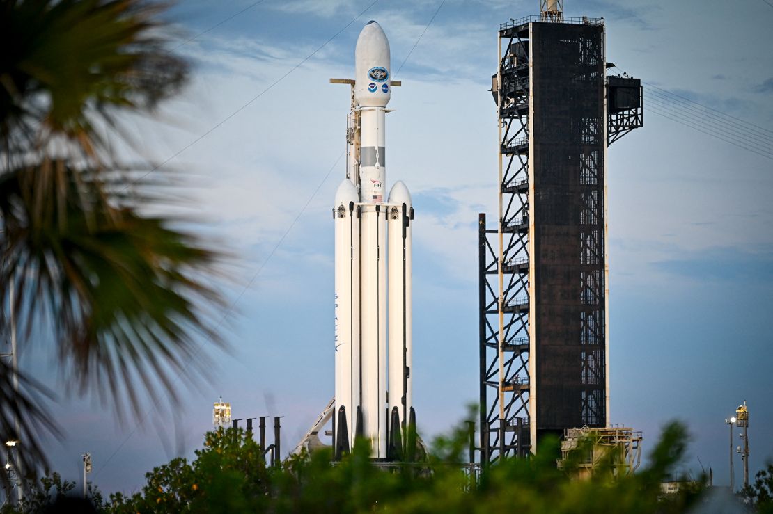 The SpaceX rocket carrying the new GOES-U satellite sits on launchpad 39A at Kennedy Space Center ahead of the Tuesday launch.