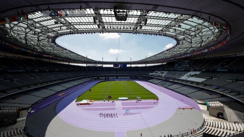 Regional athletes compete during a test event for the Olympics Games at the Stade de France, in Saint-Denis on June 25, 2024. The Stade de France will host track and field events and Rugby sevens game during the Paris 2024 Olympic Games.
