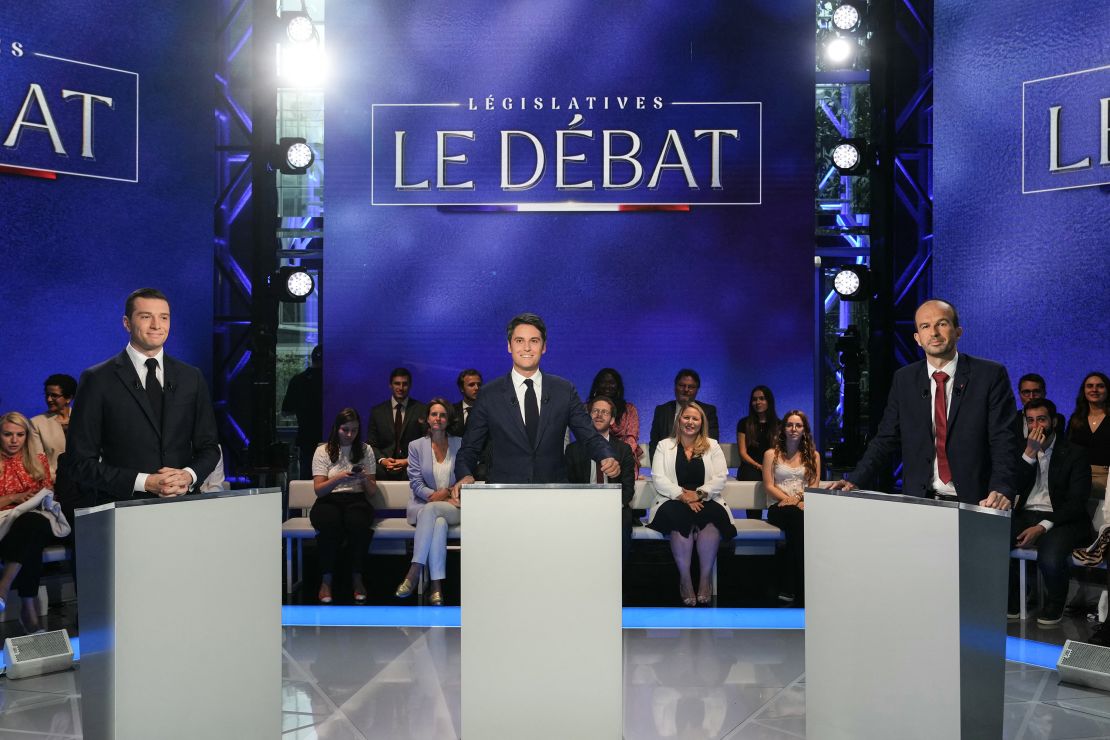 RN leader Jordan Bardella (left), French Prime Minister Gabriel Attal (center) and France Unbowed MP Manuel Bompard (right) take part in a televised debate, June 25, 2024.