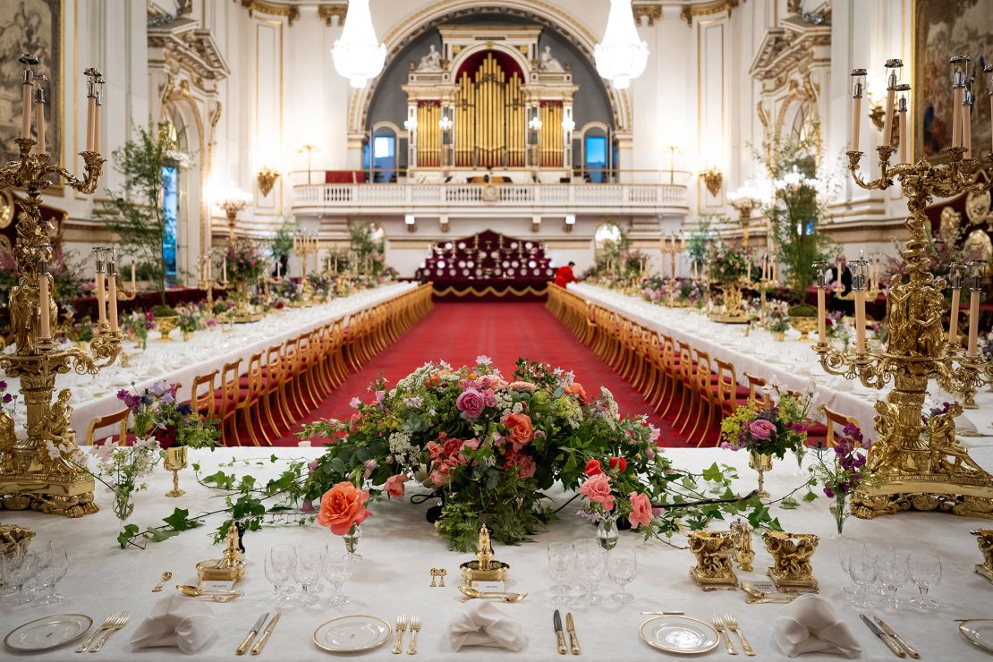 Preparations in the ballroom at Buckingham Palace on June 25, 2024, ahead of a state banquet during the three-day visit by Japan's emperor and empress to Britain.