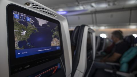 In-Flight Screen of the IFE showing the route map. United Airlines Boeing 787 Dreamliner aircraft interior. Flying a 9h flight, inside a United Airlines Boeing 787 airplane on a long haul transatlantic flight. The flight took off from Chicago O'Hare International Airport and landed to Frankfurt FRA, Germany.United Airlines, Inc. is a major American airline headquartered at the Willis Tower in Chicago, Illinois, main hub at Chicago O Hare International Airport, one of the largest carriers in the world with a fleet of 952 passenger planes, member of Star Alliance aviation group.  Chicago, Illinois, United States on April 20, 2024 (Photo by Nicolas Economou/NurPhoto via Getty Images)