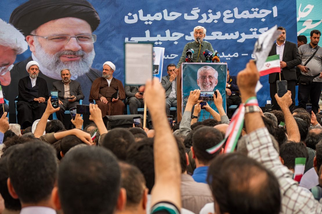 Saeed Jalili, ultraconservative former nuclear negotiator and Iranian presidential candidate, holds a rally in Tehran, Iran, on June 24.