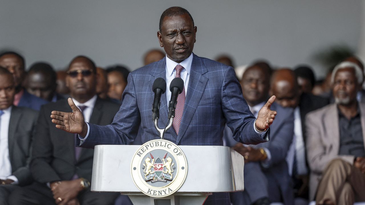 President of Kenya William Ruto (C) addresses members of the media during a press conference at the State House in Nairobi, on June 26, 2024. Kenyan President William Ruto said on June 26, 2024 that a contentious bill containing tax hikes would "be withdrawn", dramatically reversing course after unprecedented scenes saw over a dozen people killed and parliament ransacked in the capital Nairobi. (Photo by SIMON MAINA / AFP) (Photo by SIMON MAINA/AFP via Getty Images)