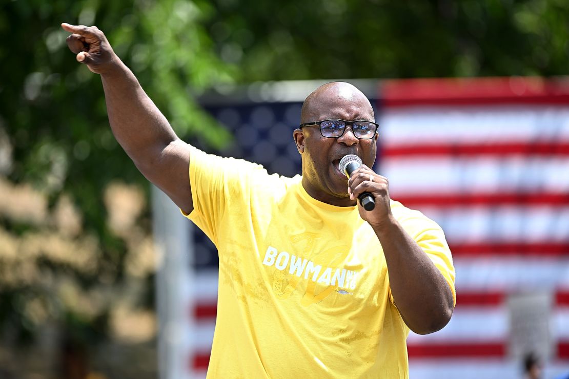 NEW YORK, NEW YORK - JUNE 22: Jamaal Bowman speaks at a campaign rally at St. Mary's Park in the Bronx on June 22, 2024 in New York City. (Photo by Steven Ferdman/GC Images)