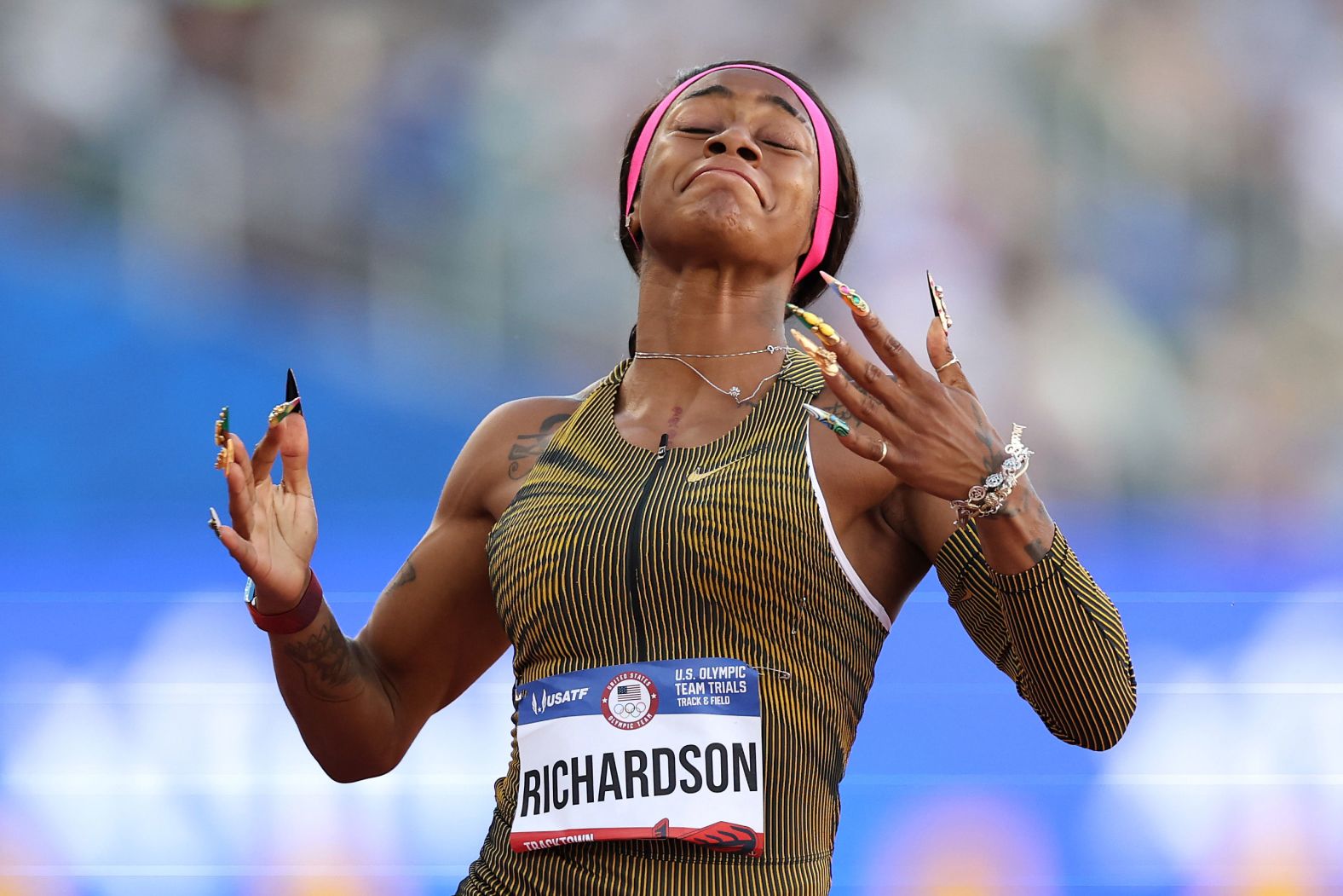 US sprinter Sha'Carri Richardson reacts after <a href="index.php?page=&url=https%3A%2F%2Fwww.cnn.com%2F2024%2F06%2F23%2Fsport%2Fshacarri-richardson-qualifies-paris-olympics%2Findex.html">winning the 100-meter final at the Olympic trials</a> in Eugene, Oregon, on Saturday, June 22. In 2021, Richardson won the same race and was expected to be one of the biggest draws at the Tokyo Olympic Games. But she did not compete in Tokyo after accepting a one-month ban for her positive test of THC, a chemical found in marijuana.